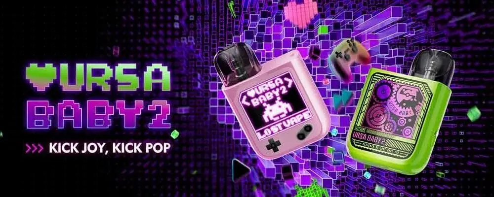 На картинке представлена POD-система URSA Baby 2 от Lost Vape — стильное устройство для вейпинга с ретро-дизайном, мощностью до 22W и компактным форм-фактором, идеально подходит для покупки в вейпшопе.